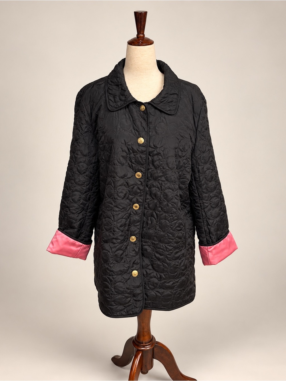 Coach Black Quilted Puffer Coat with Pink Turn-Back Cuffs Large